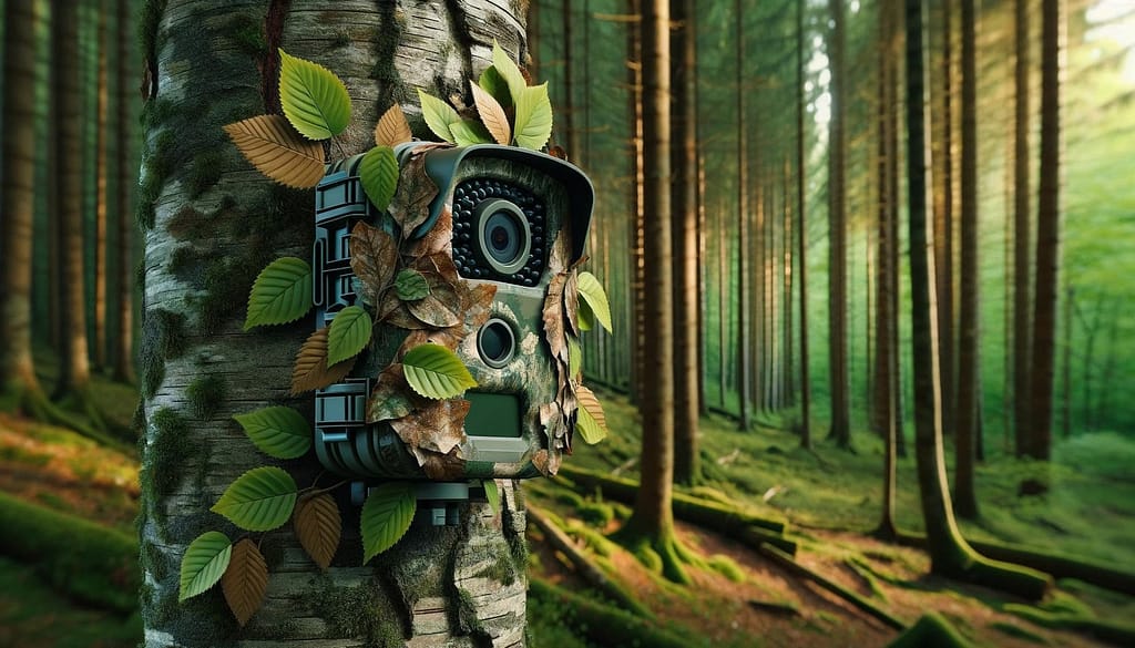 Caméra de chasse installée sur un tronc d'arbre et cachée par des feuilles